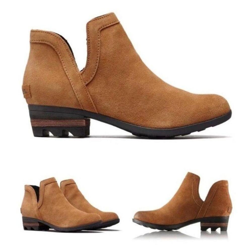 Sorel Lolla Cut Out Bootie Caramel Leather Ankle Slip-On Size 8.5 Excellent!